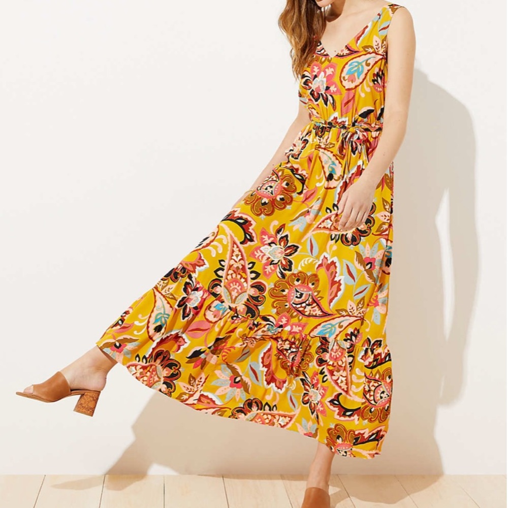 LOFT Paisley Floral Maxi Dress Petite Medium NWT Boho Tie Waist Yellow